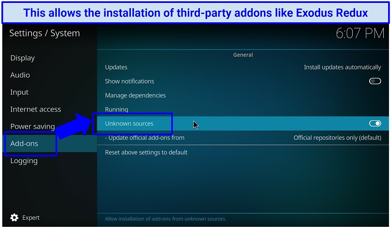 A screenshot showing you need to toggle Unkown source to ON to allow installation on third-party Kodi add-ons like Exodus Redux