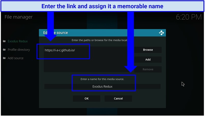 A screenshot showing it's easy to add Exodus Redux's source URL and give it a name in Kodi