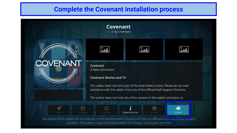 Screenshot of Covenant addon ready to install