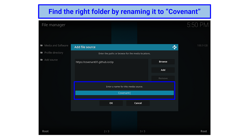 Screenshot of Kodi's File Manager showing the Covenant file source