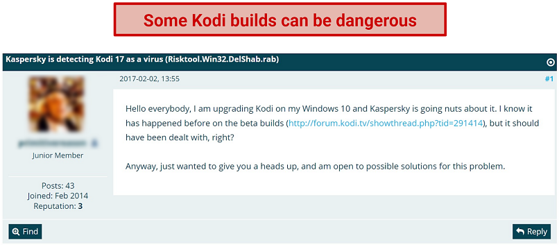 screenshot from forum describing how the user's kodi build has a virus
