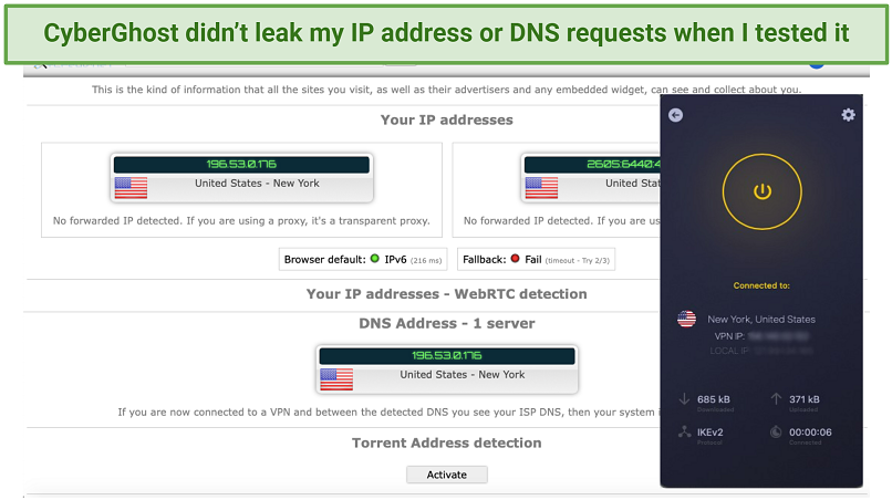 A picture showing CyberGhost leak tests.