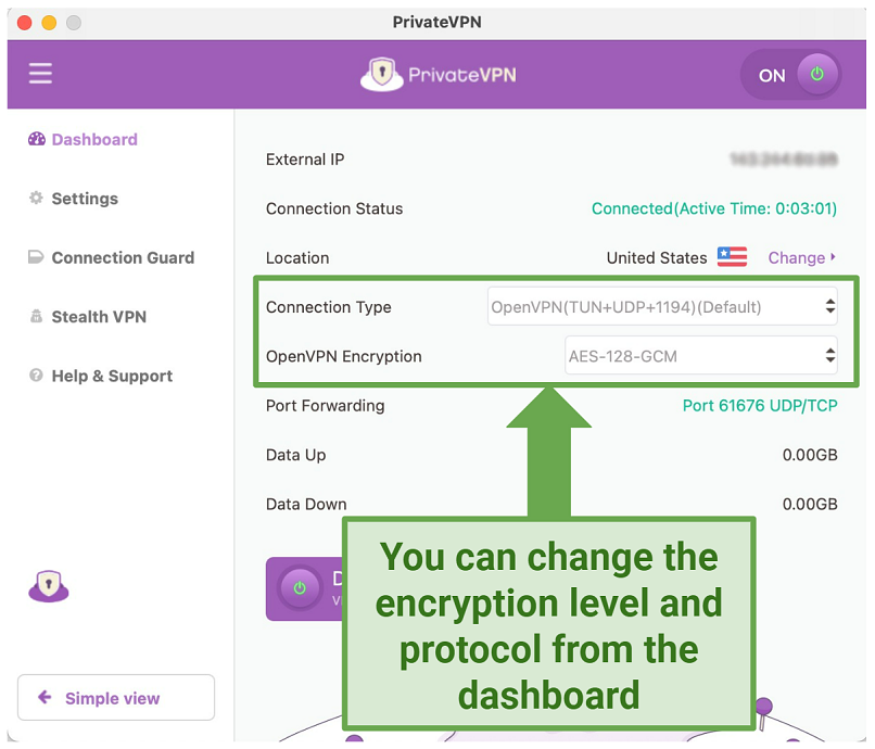 A screenshot of PrivateVPN's security settings.