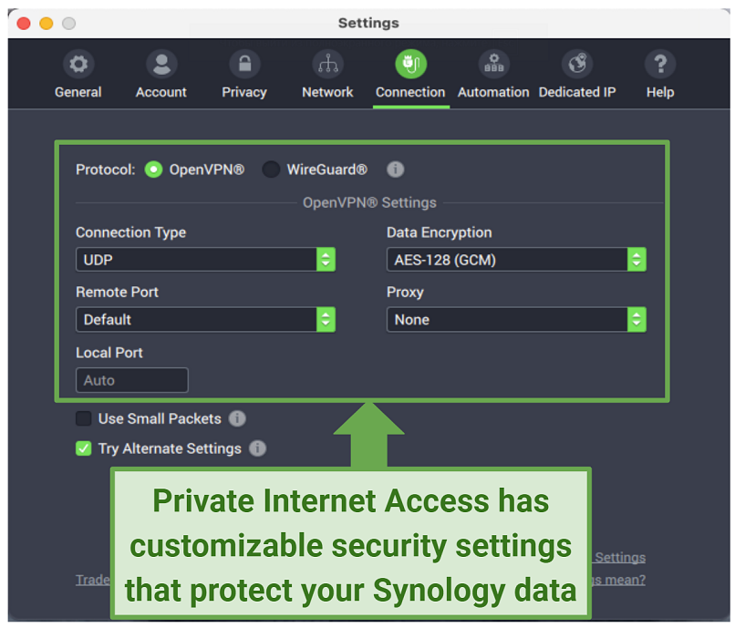 An illustration of PIA's security settings