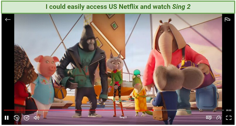 Screenshot of Netflix player streaming Sing 2 while connected to AstroProxy