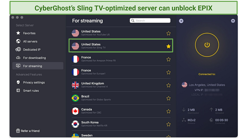 A screenshot of CyberGhost's app showing a list of its streaming servers, including its Sling TV-optimized server