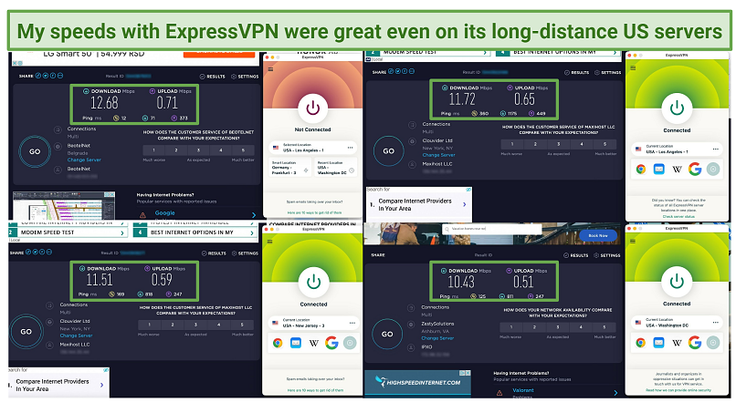 A screenshot of speed test results using ExpressVPN's servers in Los Angeles, New Jersey, and Washington DC against my baseline speed