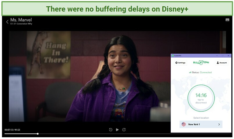 Screenshot of Disney+ player streaming Ms. Marvel while connected to BulletVPN 