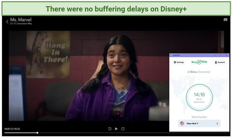 Screenshot of Disney+ player streaming Ms. Marvel while connected to BulletVPN