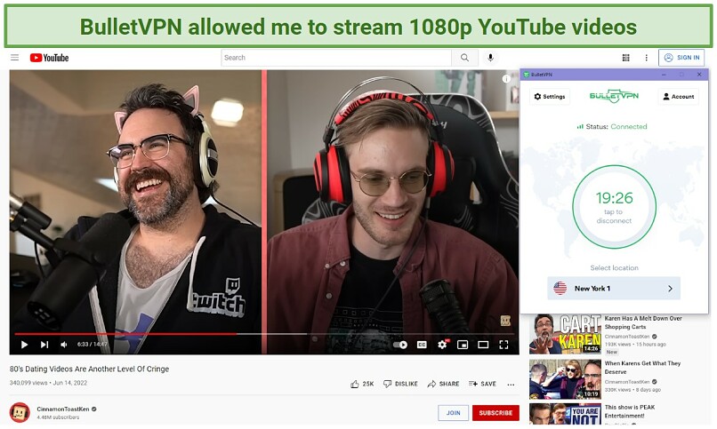 Screenshot of YouTube player streaming while connected to BulletVPN