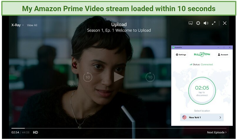 Screenshot of Amazon Prime Video player streaming Upload while connected to BulletVPN