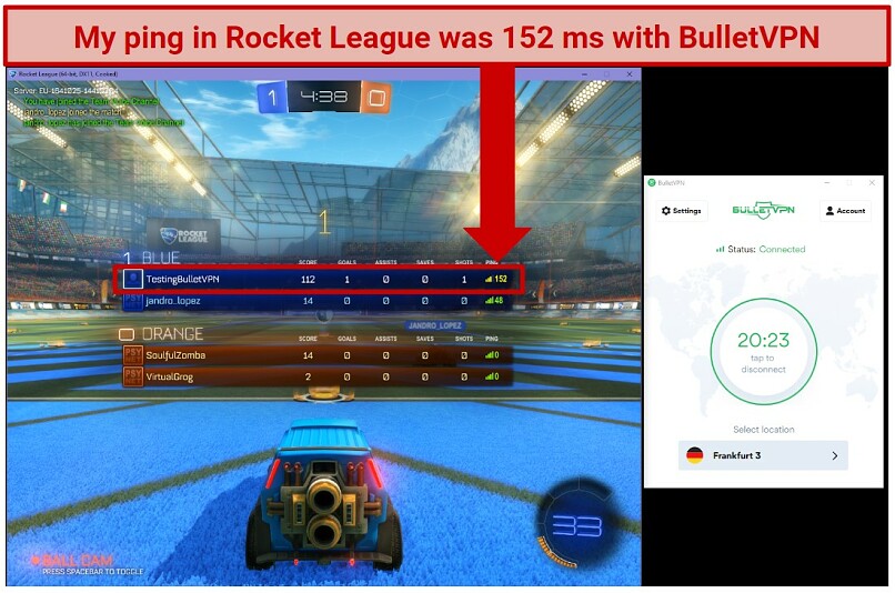 Screenshot of Rocket League while connected to BulletVPN