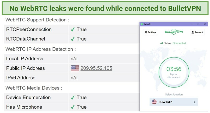 Screenshot of a WebRTC leak test performed while connected to BulletVPN 