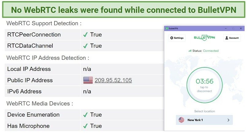 Screenshot of a WebRTC leak test performed while connected to BulletVPN