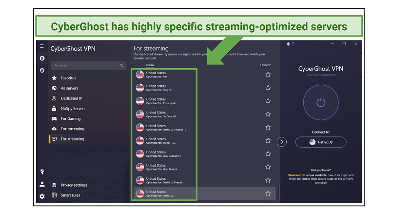 Screenshot of CyberGhost interface with a list of servers optimized for streaming