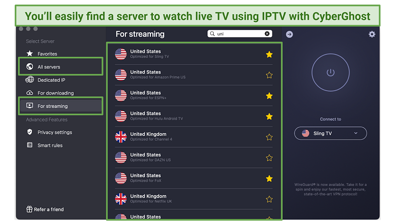 A screenshot of CyberGhost's list of streaming-optimized servers within the