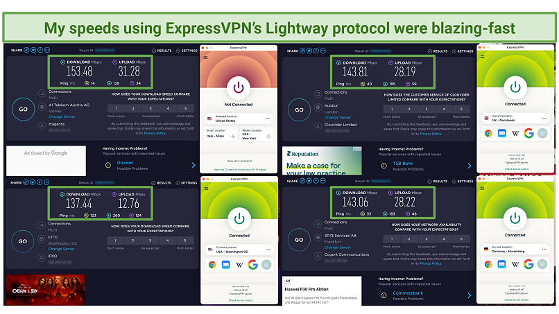 A screenshot of ExpressVPN speed test results using the Lightway protocol of its Docklands, Washington DC, and Nuremberg servers
