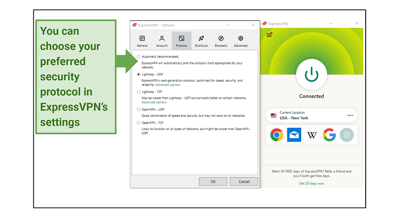 Screenshot of ExpressVPN's security protocol options on the Windows app