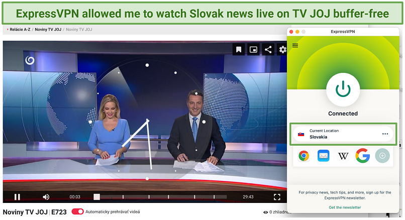 A screenshot of streaming Slovak news on TV JOJ while connected to ExpressVPN's Slovakia server