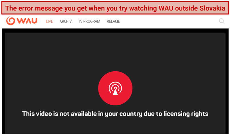 A screenshot of an error message you get when trying to access Slovak TV outside Slovakia without the VPN
