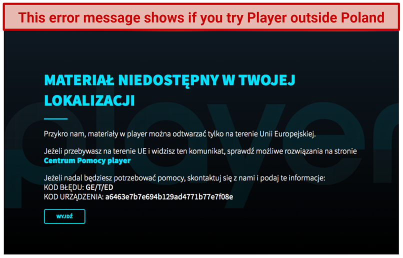 The error message that pops up if you try to watch TVN Player PL outside Poland