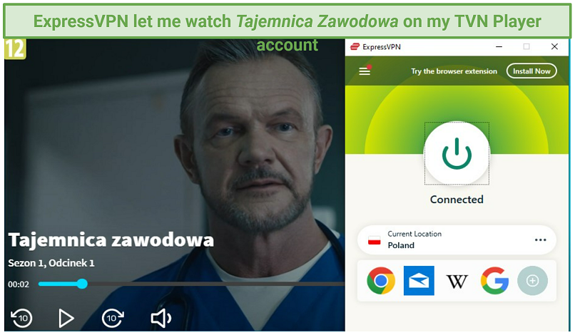 A screenshot of Tajemnica Zawodowa streaming on Player with ExpressVPN