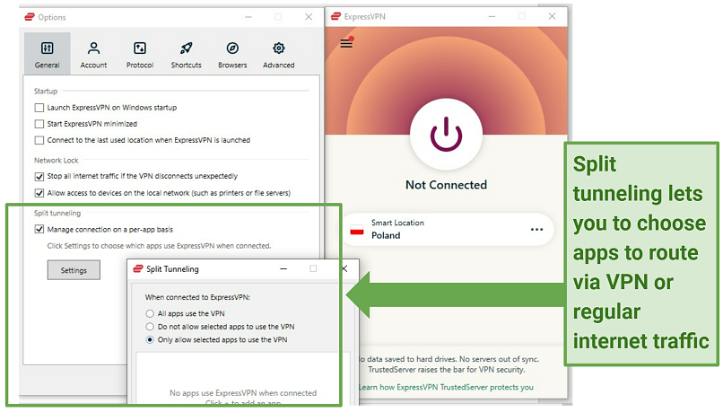 A screenshot of ExpressVPN's split tunneling feature and options for traffic tunneling