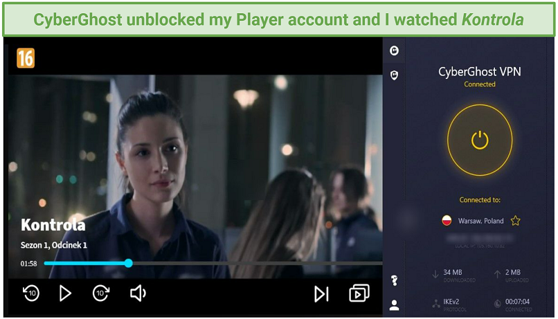 A screenshot of CyberGhost unblocking Kontrola on TVN Player