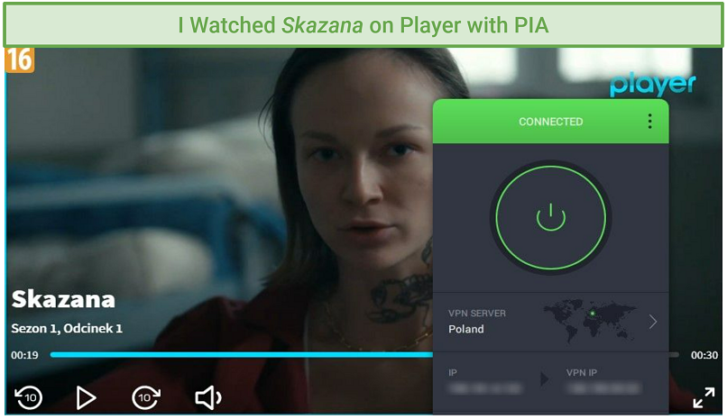 A screenshot of Skazana streaming on Player with PIA