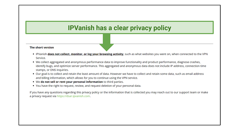 Screenshot of IPVanish's privacy policy showing your data stays private
