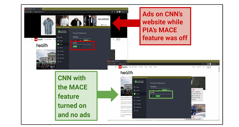 Screenshot of PIA's MACE feature blocking ads on CNN's website