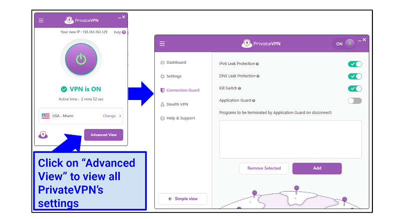 PrivateVPN's Simple and Advanced View side by side on the Windows app