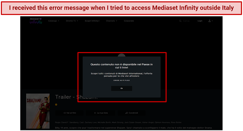 Screenshot of Mediaset Infinity error message saying that the content isn't accessible in a given location