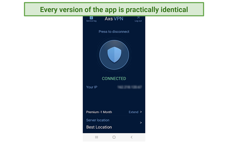 Screenshot of AXSVPN's Android app