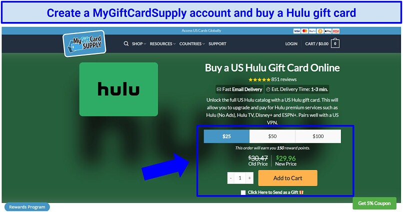 A screenshot of the MyGiftCardSupply website detailing how to buy a Hulu gift card