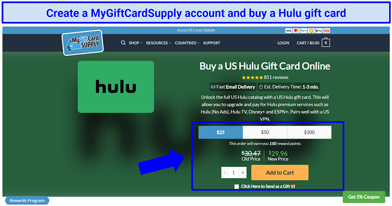 Imagem do site MyGiftCardsupply mostrando cartões -presente do Hulu