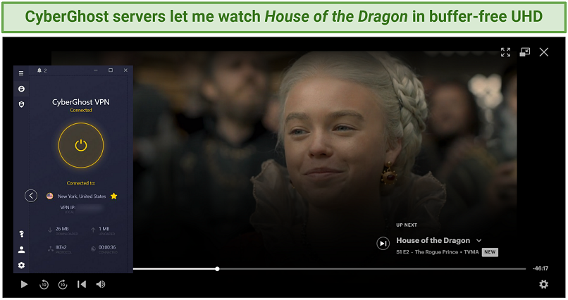 Captura de tela do Cyberghost desbloqueando com sucesso Hulu
