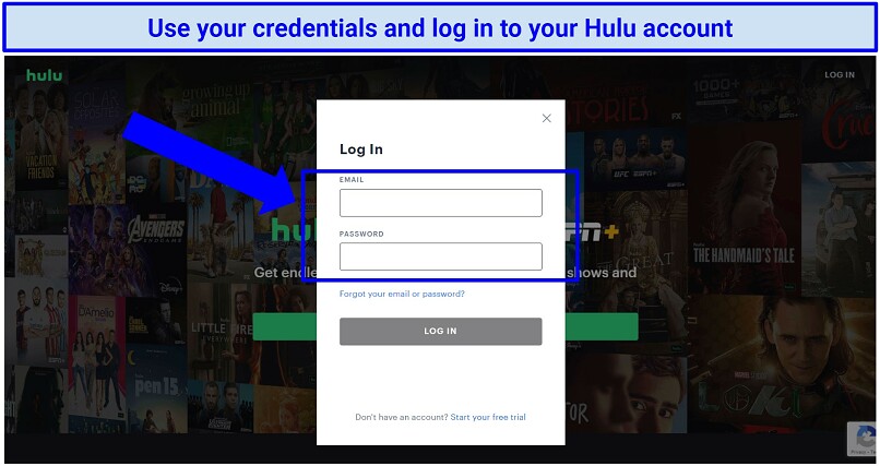 A screenshot of the Hulu website and account login box