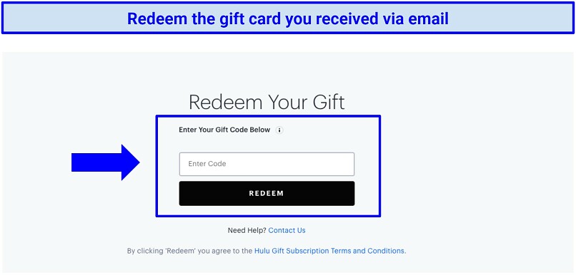 A screenshot of Hulu's Redeem Your Gift Card page