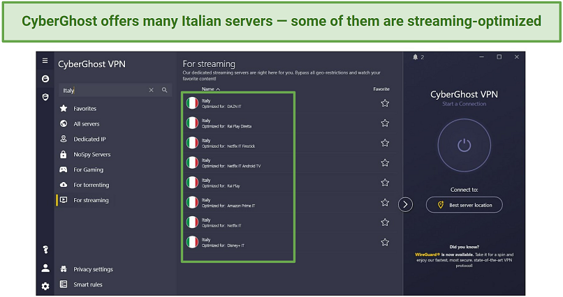 A screenshot of CyberGhost's dedicated streaming servers for Italy