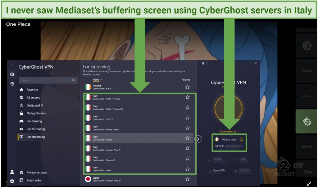 Streaming One Piece on Italia 2 on Mediaset Infinity with CyberGhsot connected to a server in Milan, Italy optimized for RaiPlay