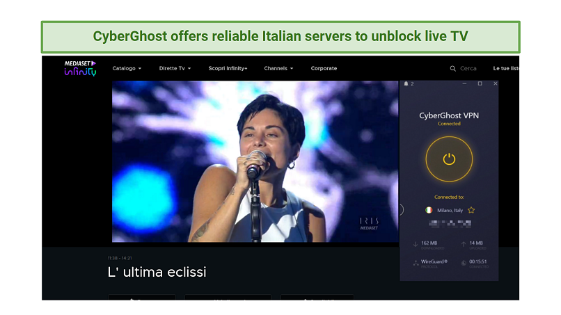Screenshot of CyberGhost unblocking Mediaset Infinity live TV outside Italy
