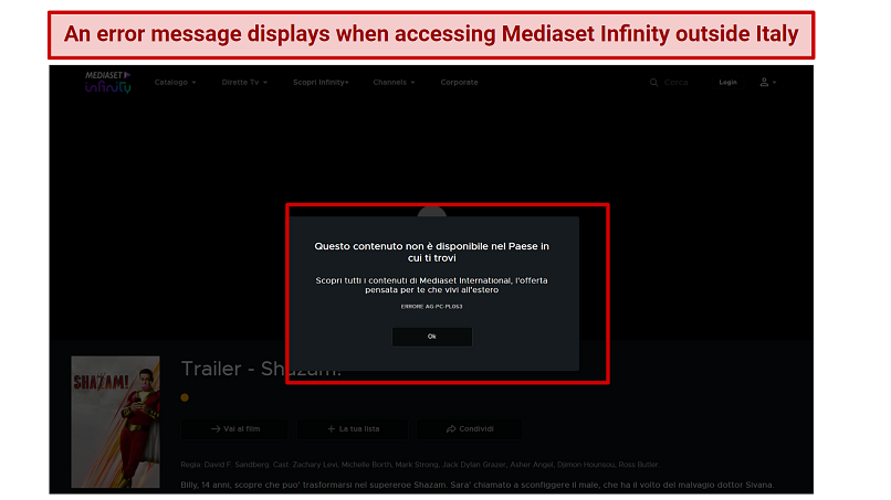 Screenshot of Mediaset Infinity error message saying that the content isn't available outside Italy