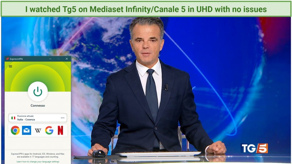 Streaming Canale 5 on Mediaset Infinity with ExpressVPN connected to Cosenza (Italy)