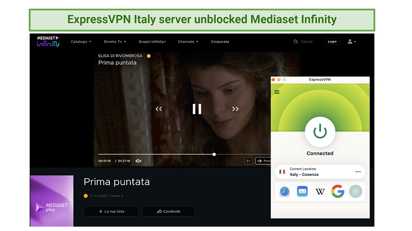 Screenshot of ExpressVPN unblocking Mediaset Infinity outside Italy