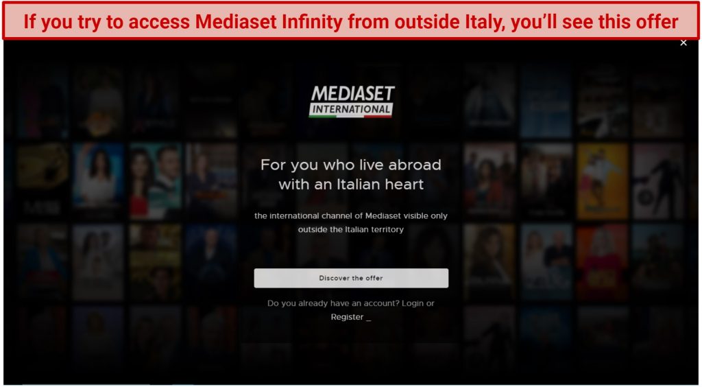 Image showing Mediaset Infinity error message when trying to access it from outside Italy