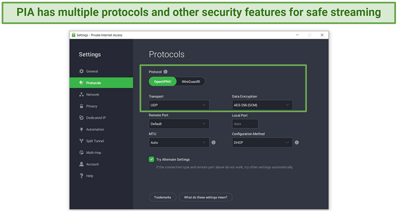 A screenshot of PIA security protocols' settings