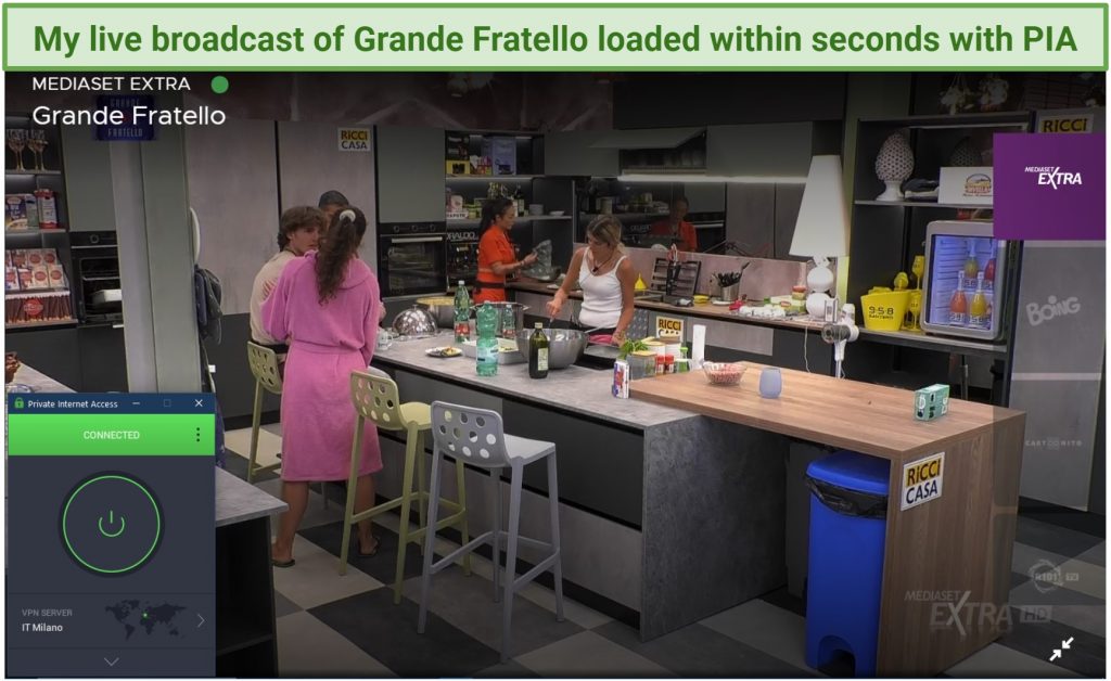 Screenshot of an episode of Grande Fratello streaming live on Mediaset Infinity while PIA is connected to a server in Milan, Italy