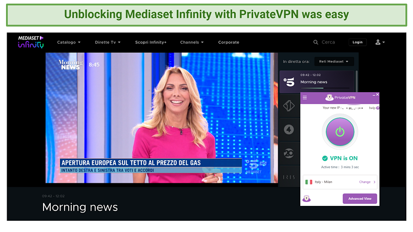 Screenshot of PrivateVPN unblocking Mediaset Infinity outside Italy