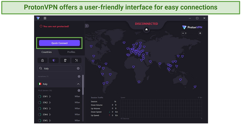 A screenshot of ProtonVPN's user interface